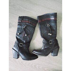 White Diamond Boots Black Burgundy Tassle Leather Western Cowgirl Braided Size 8